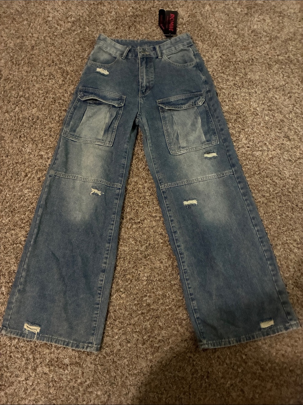 ROMWE Distressed Wide-Leg Cargo Jeans - Blue